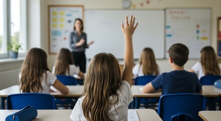 Fototapeta premium Young student raising a hand in a bright classroom to answer the teacher's question.