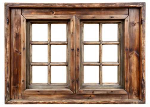 Old wooden window with multiple panes isolated on transparent background - Powered by Adobe