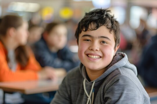 Portrait of smiling teenager with autism in school cafeteria