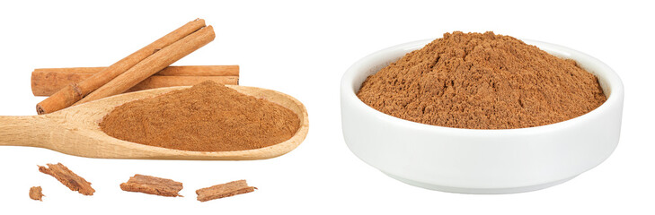 Cinnamon sticks with powder in wooden spoon and ceramic bowl isolated on white background with full depth of field