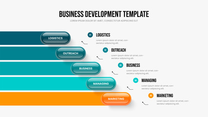 Company Report Frame Layout Vector Illustration. Corporate Profile Five Step Diagram Slideshow Template. Service Analysis 5 Element Infographic Presentation Design.