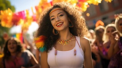Vibrant street festival video scene with a joyful woman in focus. Shot from a front angle, colorful decorations blur in the sunny background.