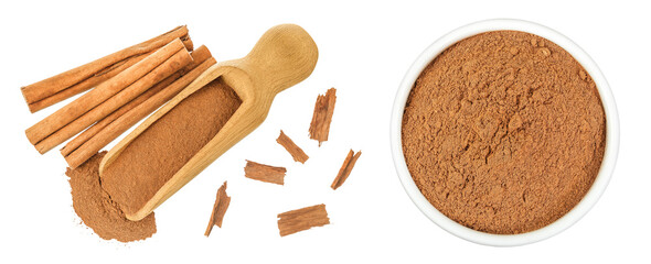 Cinnamon sticks with powder in wooden scoop and ceramic bowl isolated on white background. Top view. Flat lay