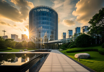 Obraz premium Modern cylindrical office building bathed in golden sunset light with reflecting pool and lush greenery