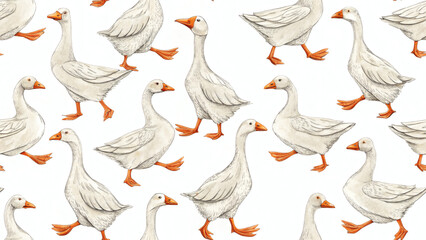 Obraz premium Minimalist seamless pattern of white geese with orange beaks and feet, walking in funny marching poses