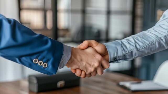 This shows handshake between two people. handshake symbolizes partnership, trust. setting is professional environment, as suggested by attire, accessories.