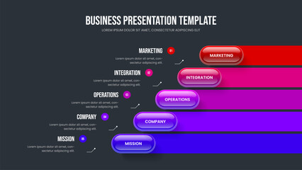 Project Development Five Element Diagram Slideshow Design. Service Visualization Frame Layout Vector Illustration. Advertising Profile 5 Option Infographic Presentation Template.