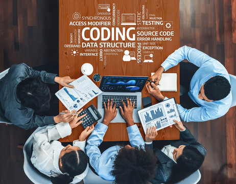 Top view multiracial analyst team use BI dashboard display on laptop screen, analyzing financial data for strategic decision. Fintech analyzes marketing indicators. Concord Amity