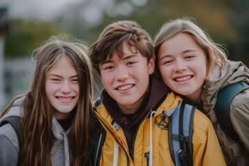 Teenager students with down syndrome smiling together outdoors