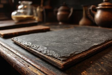 Dark slate placemat on aged wooden table