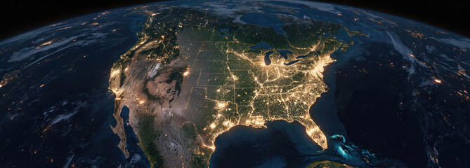 North American continent at night, illuminated by city lights. Earth globe, satellite view of urban areas, glowing bright lights. Continent map, geography, astronomy, technology, modern landscape,