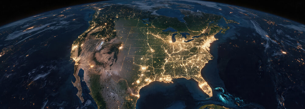 North American continent at night, illuminated by city lights. Earth globe, satellite view of urban areas, glowing bright lights. Continent map, geography, astronomy, technology, modern landscape,