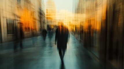 A blurred figure walks through a city street at sunset, creating a sense of motion and solitude.
