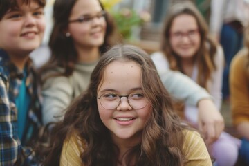 Fototapeta premium Portrait of smiling teenager girl with down syndrome and friends