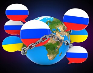 Earth chained by Russian and Ukrainian flags