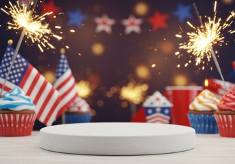 Festive fourth of july cupcakes with american flags and sparklers on display