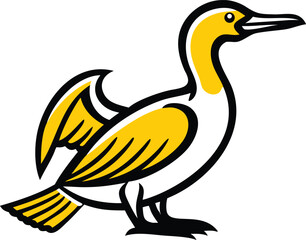Stylized cormorant stands facing right with yellow wings and neck outlined in black, white background