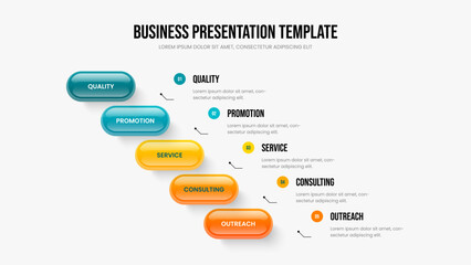 Service Visualization Presentation Template Vector Illustration. Marketing Solution 5 Step Diagram Slide Design. Product Campaign Five Option Infographic Frame Layout.