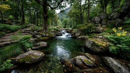 Naklejka premium Immersive Waterfall Cascade Flowing Through Verdant Landscape – Lush Nature Visual for Eco-Tourism and Wellness Branding