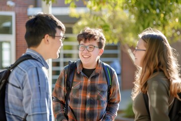Fototapeta premium Teenagers students with autism talking together at school