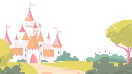 Enchanted Towers: Magical Picture of Fairy Tale Castle on White Cartoon Background – Spired Turrets with Pointed Roofs, Rainbow Flags Fluttering, Sparkling Windows, and a Curved Drawbridge, Drawn in B