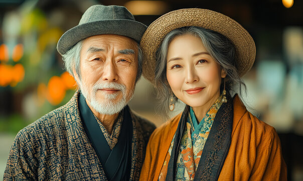 Elderly Asian couple dressed in traditional clothing, smiling warmly at the camera, surrounded by a vibrant outdoor setting, showcasing a joyful moment filled with love and connection - Powered by Adobe