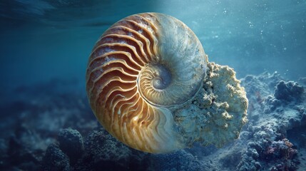 Nautilus shell, underwater, spiral, coral reef