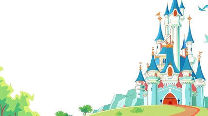 Enchanted Towers: Magical Picture of Fairy Tale Castle on White Cartoon Background – Spired Turrets with Pointed Roofs, Rainbow Flags Fluttering, Sparkling Windows, and a Curved Drawbridge, Drawn in B