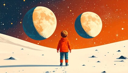 Obraz premium Child gazing at two large moons over a snowy landscape