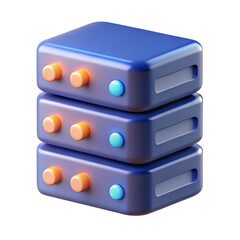 A detailed, 3D-rendered illustration of a stack of blue servers, each with orange and blue lights. 3d isolated icon