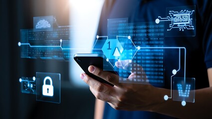 Person holding smartphone with futuristic digital interface and data