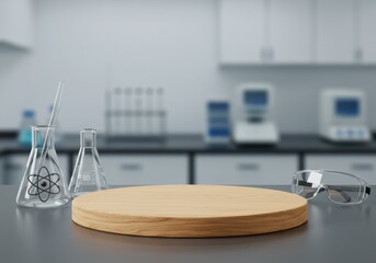 A science lab setup with flasks, safety glasses, and a wooden display platform.