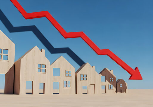 Illustrating the sharp decline of the housing market with a downward trending red arrow over miniature houses