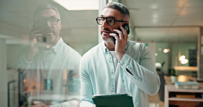 Office, phone call and man with tablet, discussion or request for statement, journalist and talking. News, reporter and mature person with mobile for communication, story or chat with source at night