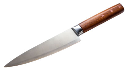 Sharp steel kitchen knife with a wooden handle, isolated on transparent background