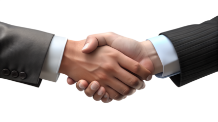 Two businessmen shaking hands in a sign of agreement and partnership, isolated on transparent background