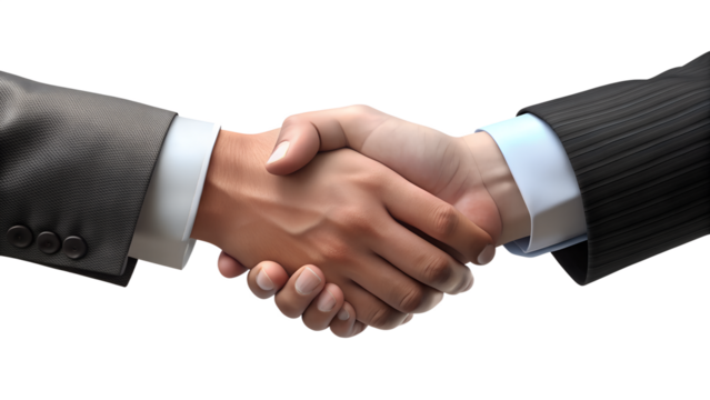 Two businessmen shaking hands in a sign of agreement and partnership, isolated on transparent background