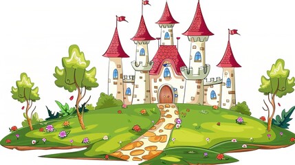 Enchanted Towers: Magical Picture of Fairy Tale Castle on White Cartoon Background – Spired Turrets with Pointed Roofs, Rainbow Flags Fluttering, Sparkling Windows, and a Curved Drawbridge, Drawn in B