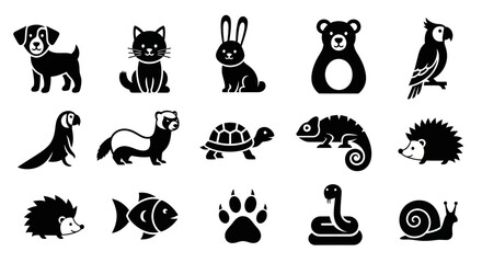 A vector illustration set of black animal icons including a cat, dog, rabbit, and bear in silhouette