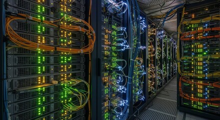 Network Server Room with Blinking LED Lights and Cables