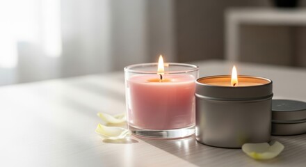 Warm Glow of Two Scented Candles on a Table