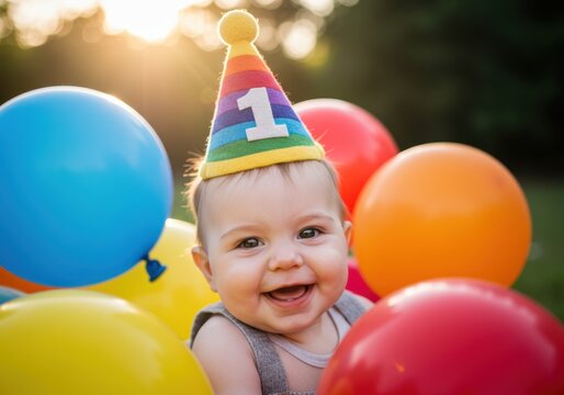 A cute baby with a rainbow party hat celebrates their first birthday amongst colorful balloons.