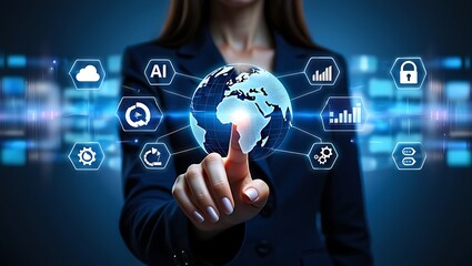 Businesswoman touching global network with AI and data icons