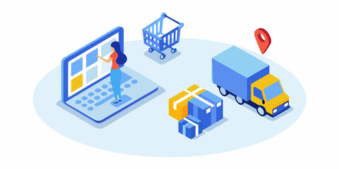 Online shopping and delivery process illustration