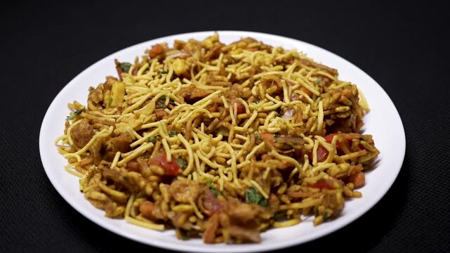 Delicious north and south indian street food bhel puri with sev and papdi	