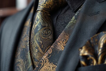Close-up of a luxurious suit, vest, tie, and pocket square featuring an elaborate gold paisley pattern on a dark background, showcasing exquisite taste and attention to detail