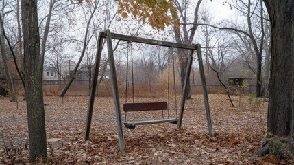 A lonely swing set in a bare, autumn park surrounded by fallen leaves and trees.