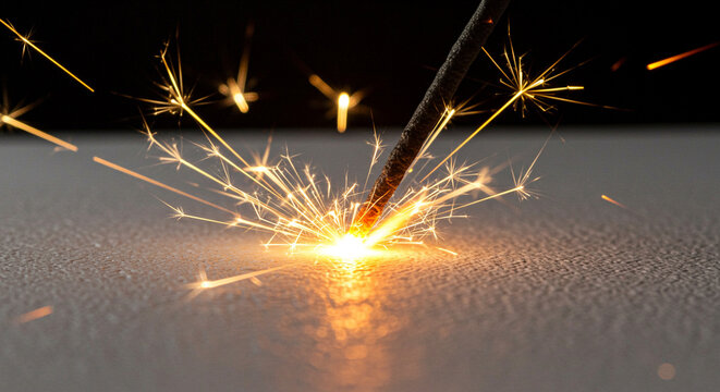 Spark igniting on surface with bright light effects in dark background  