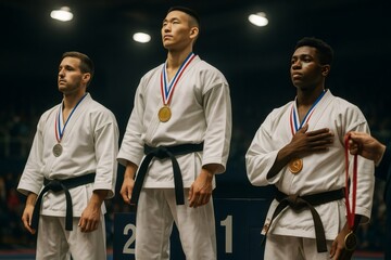 Three martial arts athletes wearing white keikogi and black belts are standing on a podium during a medal ceremony, receiving gold, silver, and bronze medals
