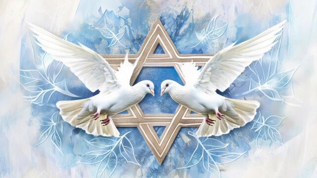 Two white doves flying in front of the Star of David symbol, a simple and elegant scene